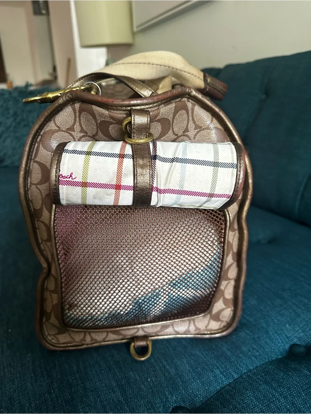 Authentic Coach Signature Pet Dog  Bag in Khaki, Brown & Gold Stripe